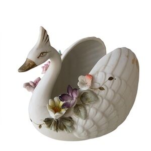 Elegant White Swan Ceramic Figurine with Floral Accents